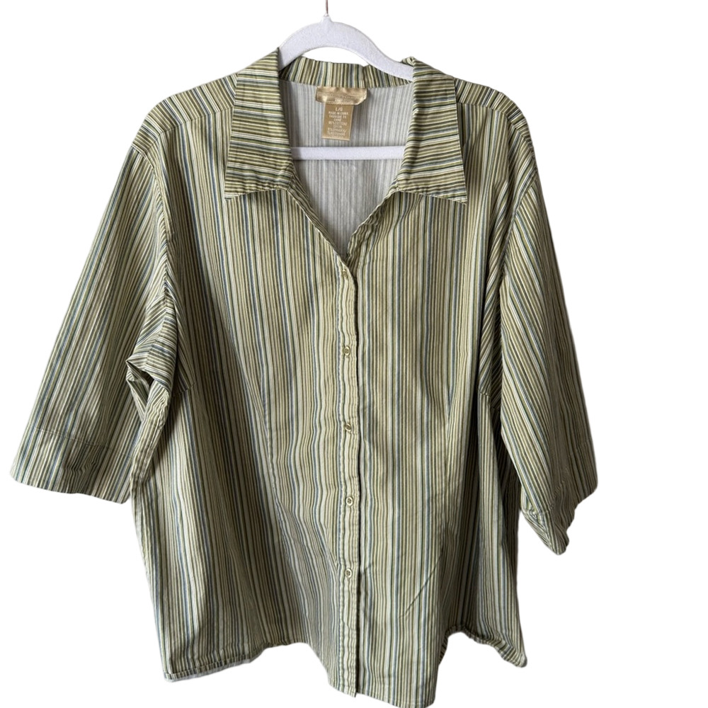 Cotton Ginny Plus Size Sage L Green Blouse Vertical Stripes and Short Sleeves